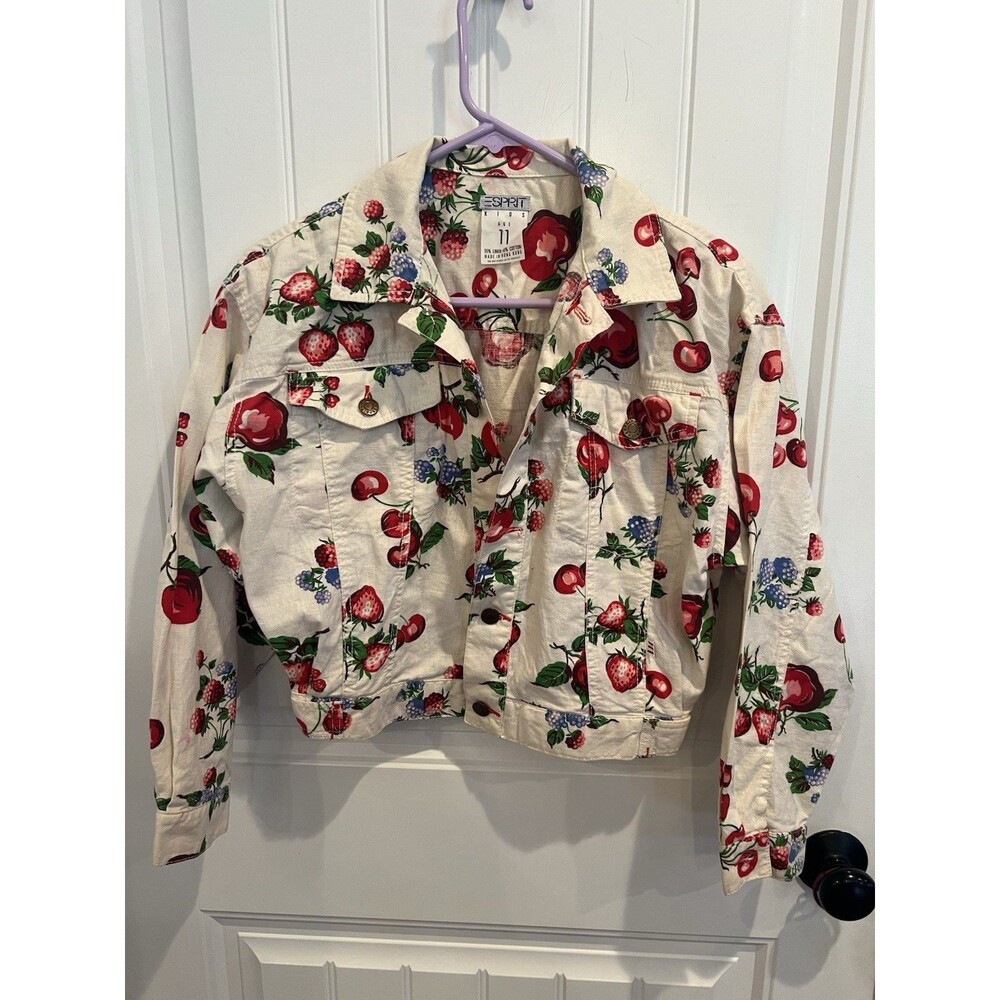Vintage Esprit Kids Crop Jacket Fruit Print Linen Cotton Age 11 Cherry Berry